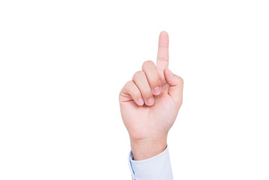 Front Hand of businessman index finger pointing upwards isolated on white background