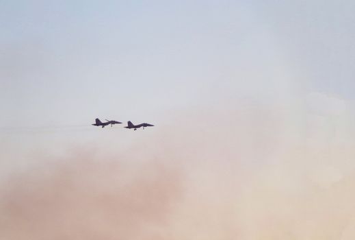 A pair of military fighters flying in the sky.