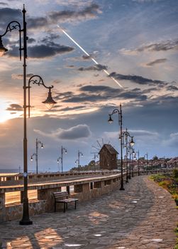 Nessebar, Bulgaria – 07.10.2019.  Road to the old town of Nessebar in Bulgaria, panoramic view on a sunny summer morning