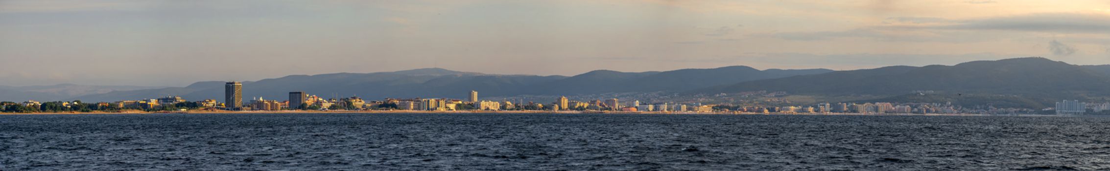 Nessebar, Bulgaria – 07.10.2019.  Panoramic view of the Golden Sands resort in Bulgaria from the sea on a sunny summer morning