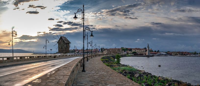 Nessebar, Bulgaria – 07.10.2019.  Road to the old town of Nessebar in Bulgaria, panoramic view on a sunny summer morning