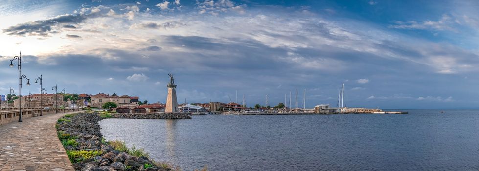 Nessebar, Bulgaria – 07.10.2019.  Road to the old town of Nessebar in Bulgaria, panoramic view on a sunny summer morning