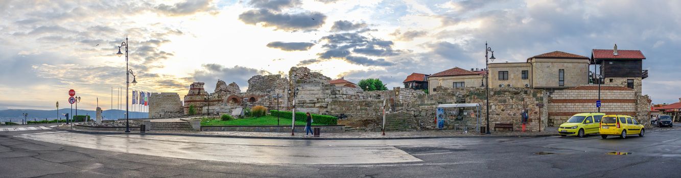 Nessebar, Bulgaria – 07.10.2019.  The ruins of the fortress wall and tower of the old town of Nessebar in Bulgaria on a summer morning