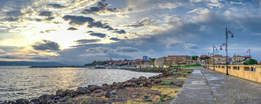 Nessebar, Bulgaria – 07.10.2019.  Road to the old town of Nessebar in Bulgaria, panoramic view on a sunny summer morning