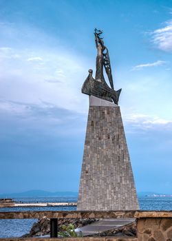 Nessebar, Bulgaria – 07.10.2019.  Monument to St Nicholas in front of the main entrance to the old town of Nessebar, Bulgaria on a sunny summer morning