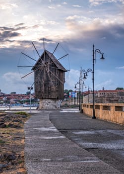 Nessebar, Bulgaria – 07.10.2019.  Old windmill on the way to the ancient city of Nessebar in Bulgaria