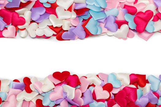 Many satin colorful hearts border frame background. St Valentines Day. Congratulations card on Valentine Day