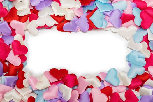 Many satin colorful hearts border frame background. St Valentines Day. Congratulations card on Valentine Day