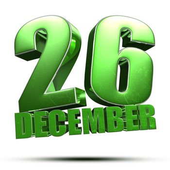 December 26 green 3d illustration on white background.(with Clipping Path).