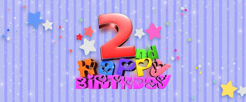 Happy Birthday 2 nd 3d illustration Blue background with glittering stars.