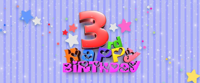 Happy Birthday 3 rd 3d illustration Blue background with glittering stars.