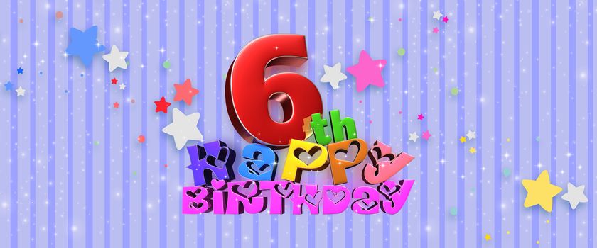 Happy Birthday 6 th 3d illustration Blue background with glittering stars.