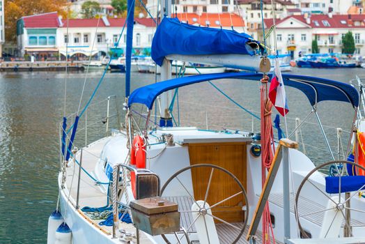 Yacht close-up at the port on the sea