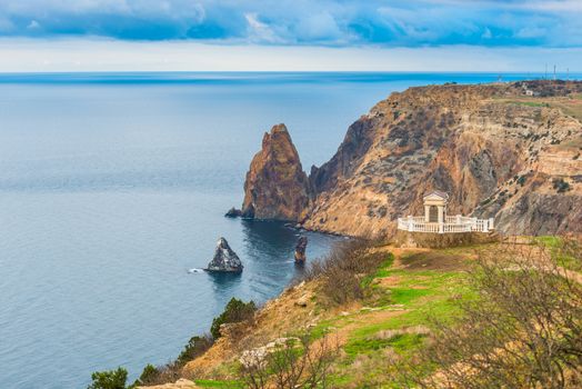 Beautiful view from the top at dawn on Cape Fiolent and the Black Sea in Russia, Crimea