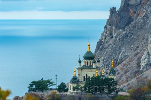 Beautiful Church of the Resurrection of Christ, Foros church on a rock in the Crimea against the background of the sea, Russia