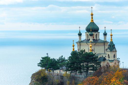 Beautiful Foros Church, Church of the Resurrection of Christ on a rock in the Crimea against the background of the sea, Russia