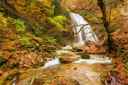 The picturesque waterfall Jur-Jur in the fall, a beautiful landscape. Landmark Peninsula Crimea, Russia