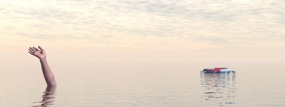 Drowning man's hand in sea or ocean by sunset asking for help - 3D render