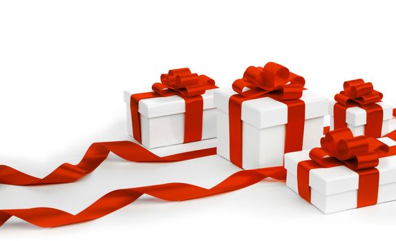 White gift boxes with red ribbons isolated on white background