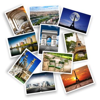 postcard collection of Paris on white background