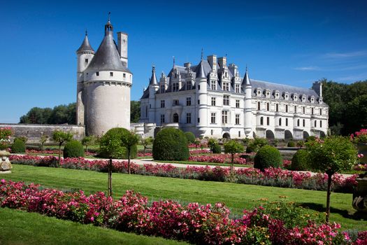 romantic view of the Chenonceau castle in france