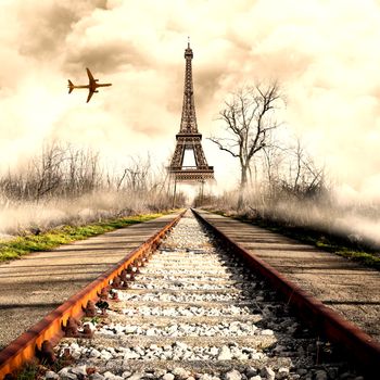 a strange view of Eiffel Tower with airplane