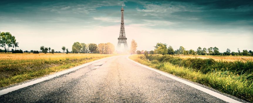 amazing view of a country road and Eiffel Tower