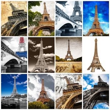 twelve images of Eiffel Tower in collage