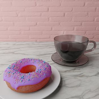 A cup of hot coffee with donut in white plate on mable table with brick wall. 3D rendering.