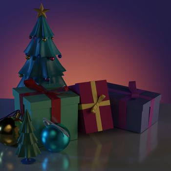 Christmas tree and gift boxes with shiny ball, Merry Christmas and happy new year. 3D illustration.