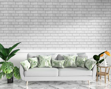 Tropical Loft interior mock up with sofa and decoration and white brick wall on granite floor .3D rendering	