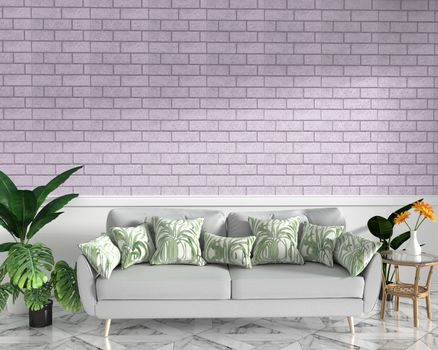 Tropical Loft interior mock up with sofa and decoration and pink brick wall on granite floor .3D rendering	