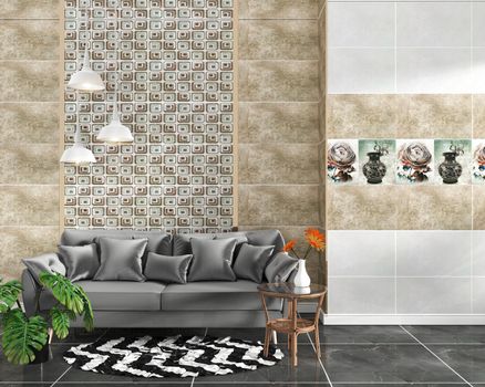 living room interior with tile classic texture wall background on black granite tile floor,minimal designs, 3d rendering