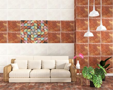 living room interior with tile classic texture wall background on tile brown floor,minimal designs, 3d rendering