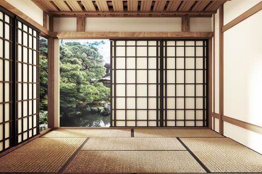 living room interior in and minimal design with Tatami mat floor and Japanese, empty room interior, 3D rendering