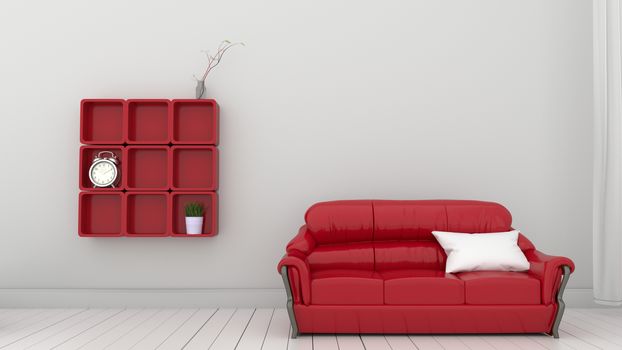Red shelves on the white wall. 3D rendering
