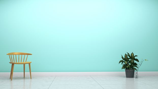 Green mint wall on empty white floor interior. 3d rendering