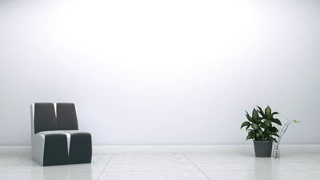 Grey armchair and plant on white wall empty background. 3D rendering