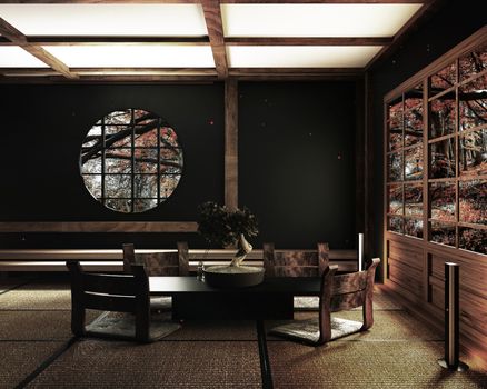interior design,modern living room with table katana sword lamp and bonsai tree on room tatami mat floor,The design is hard to find. 3d rendering