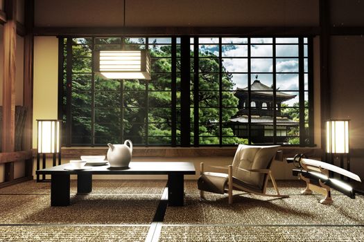 interior design,modern living room with table,lamp,tatami floor, Japanese style, 3d rendering