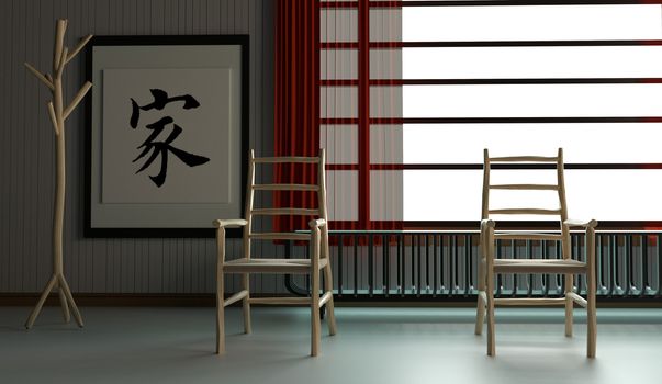 Japanese room interior, Living room design. 3D rendering