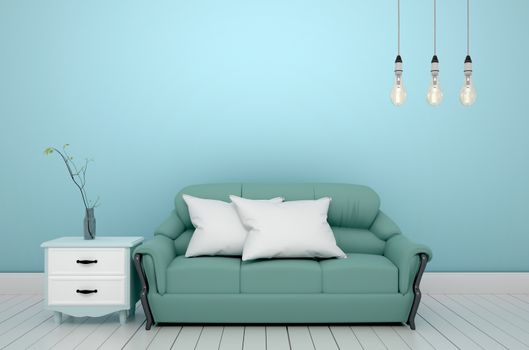 Living room - sofa and pillows, lamp, vase with flowers on green mint wall background, 3D rendering