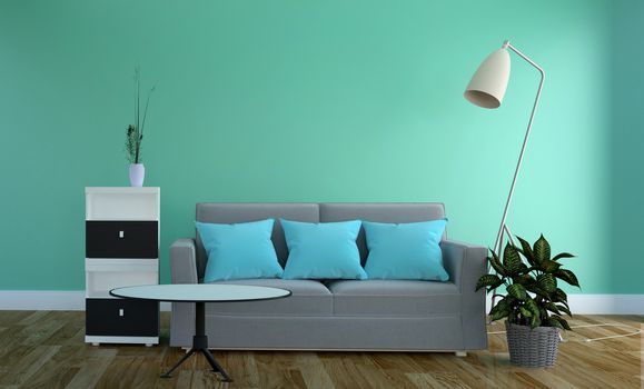 Green mint wall - Living room interior with sofa on wood floor. 3D rendering