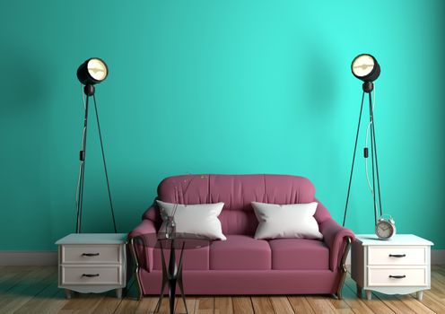 Green mint wall with sofa and table glass on wooden floor. 3D rendering