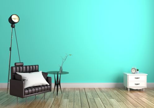 Empty green mint wall and wooden floor - modern room with pillow on sofa and lamp table and cabinet. 3D rendering