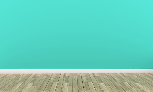 Mint wall background and wooden floor on empty room. 3D rendering