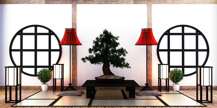 Japanese living room with lamp, frame, black low table and bonsai in room white wall on floor tatami mat. 3D rendering