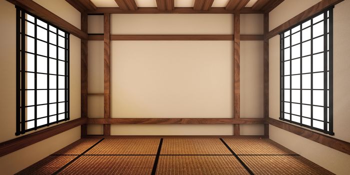 Empty Room japanese with tatami mat design . 3D rendering