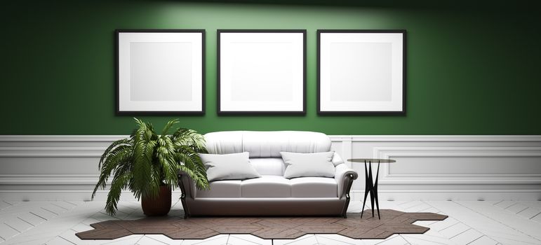 Green room - empty room interior design. 3D rendering