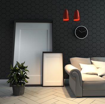Room interior with hexagon wall. 3D rendering